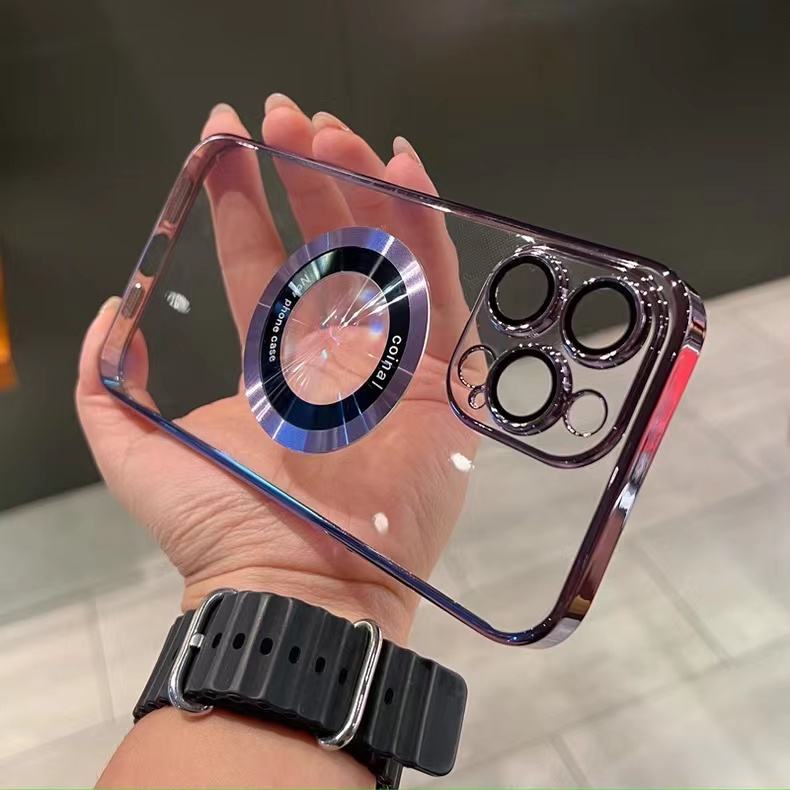 Luxury Electroplated Transparent PC Back Cover Magnetic Cell Phone Case for iPhone 13 14 15 16 Pro Max With Lens Film Protection