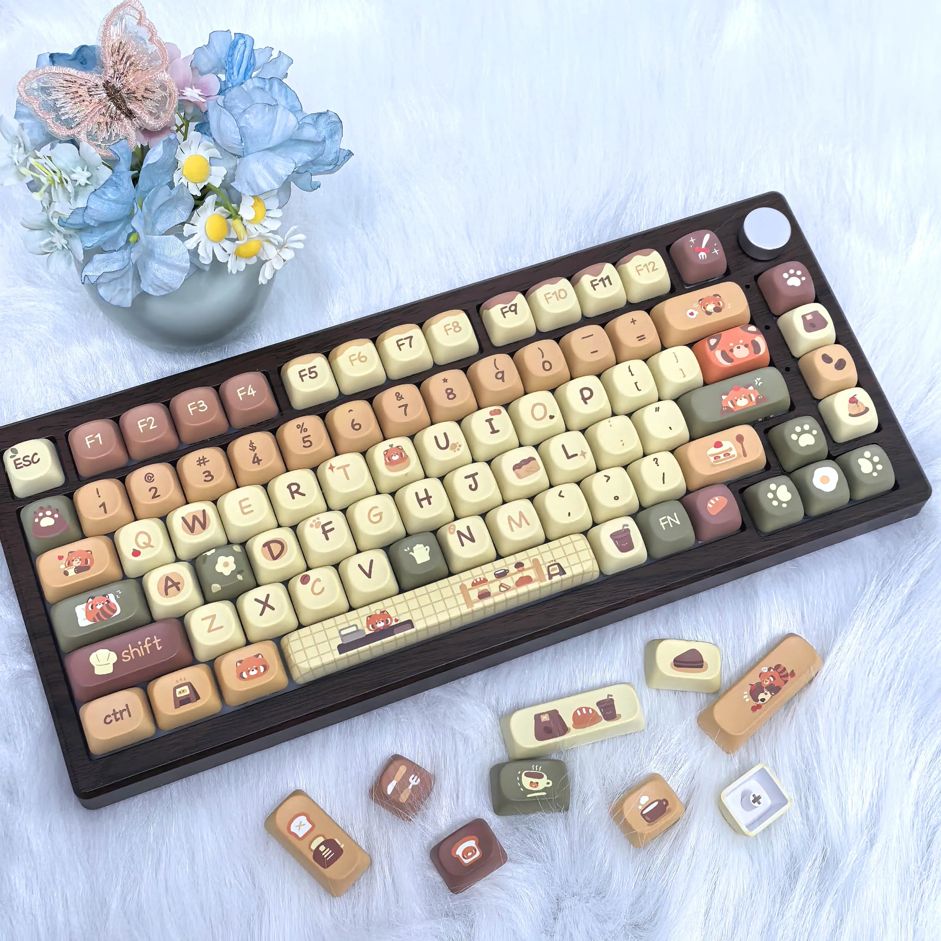 Red Panda Coffee House Keycaps Cute Retro Color Keycaps For Mechanical Keyboard Accessories Moa Height
