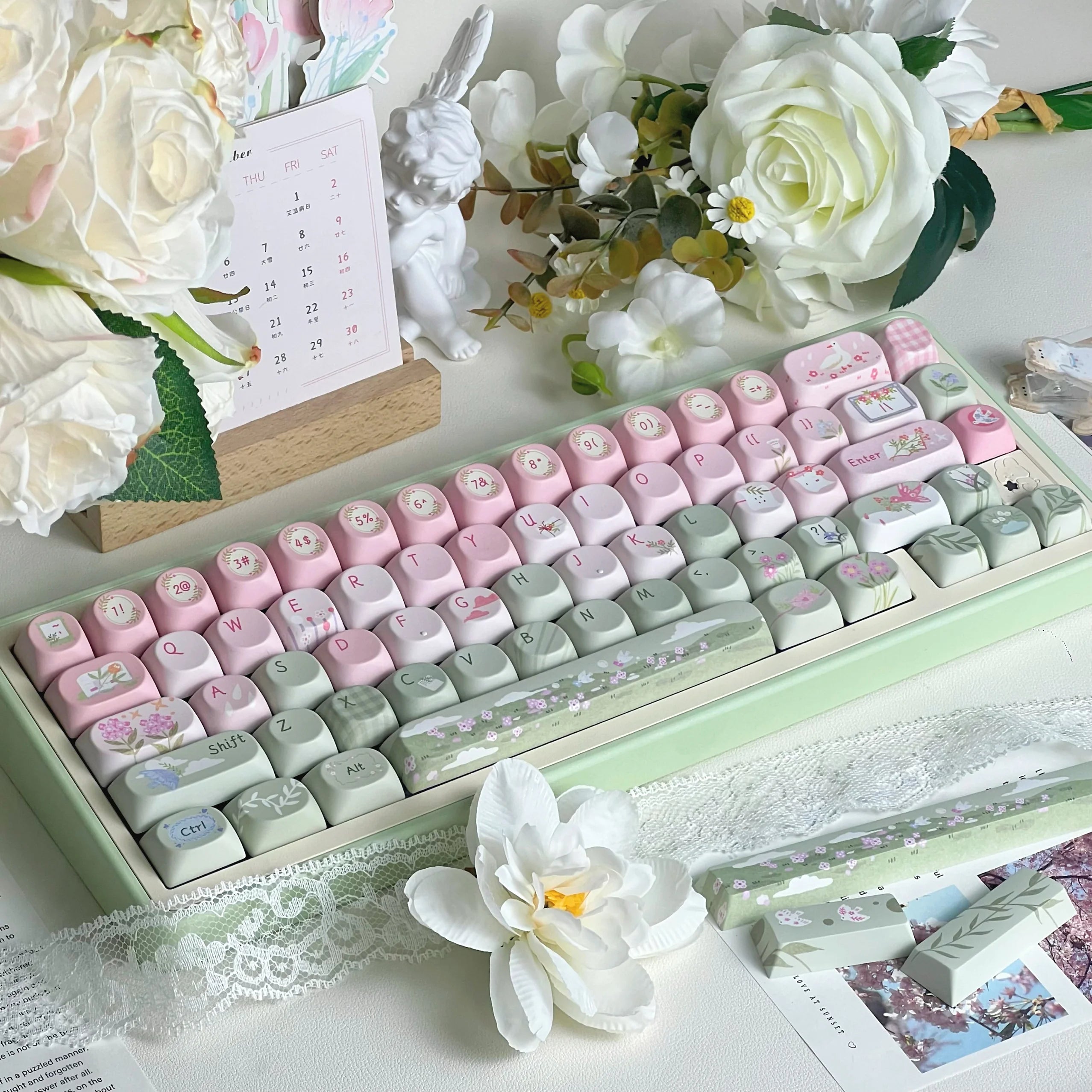 Kasuga Story Keycaps Original Pink Green Cute Theme Cherry Soa Pbt Pink Green Gradient Keycaps