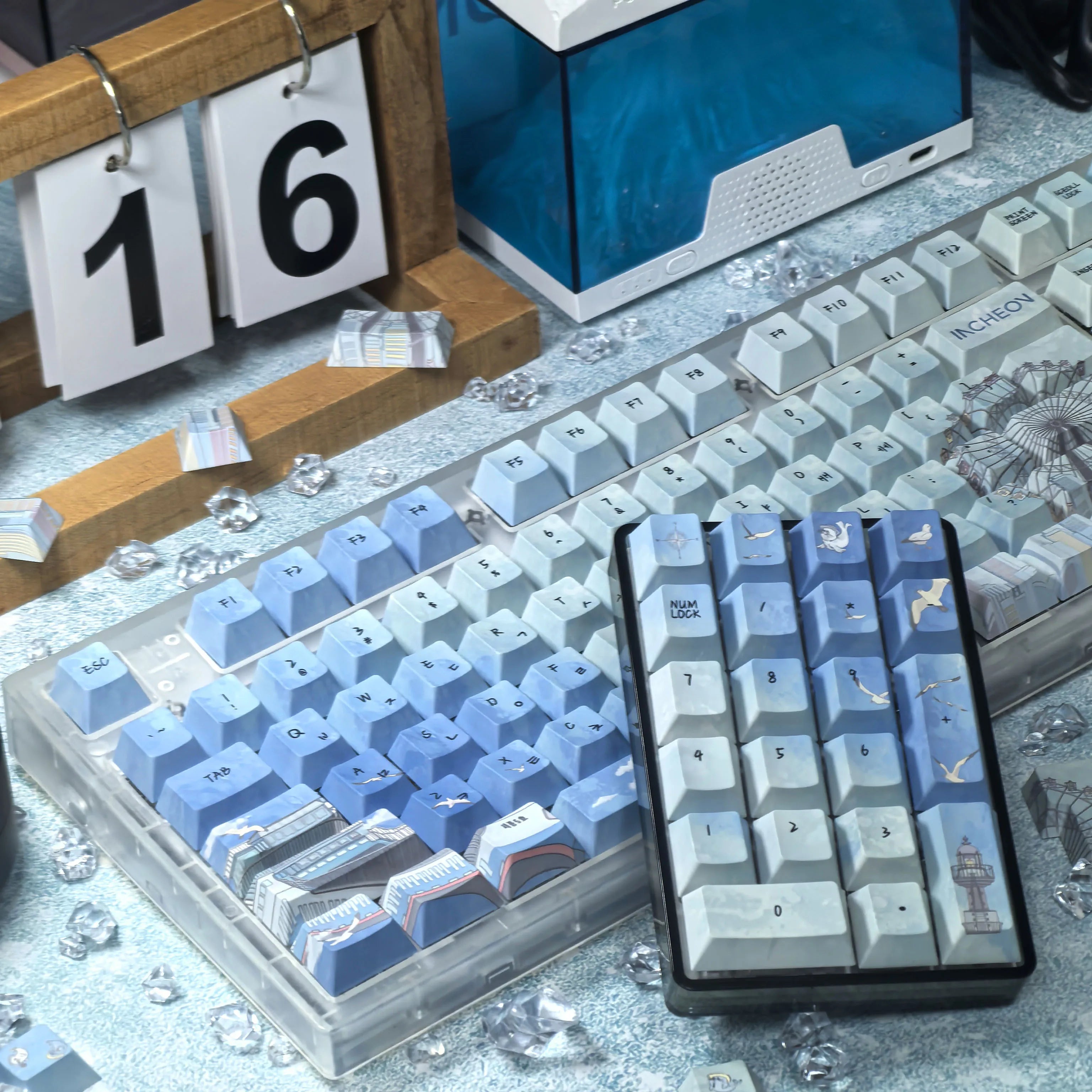 Korean Keycaps Blue Turquoise Cherry Pbt Wolmido Island Lighthouse Seagull Ferris Wheel Elements Sea Train Hangul Keycaps